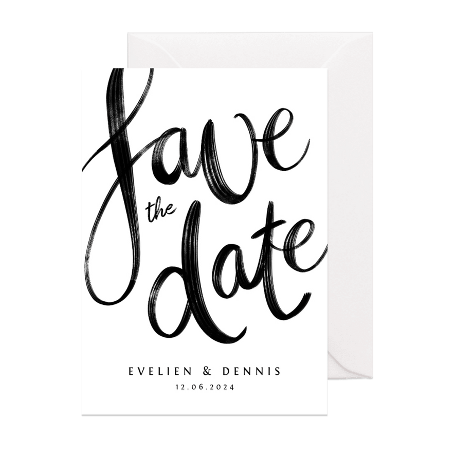 Save the date trouwkaart kalligrafie zwart wit  - Kaartimpressie