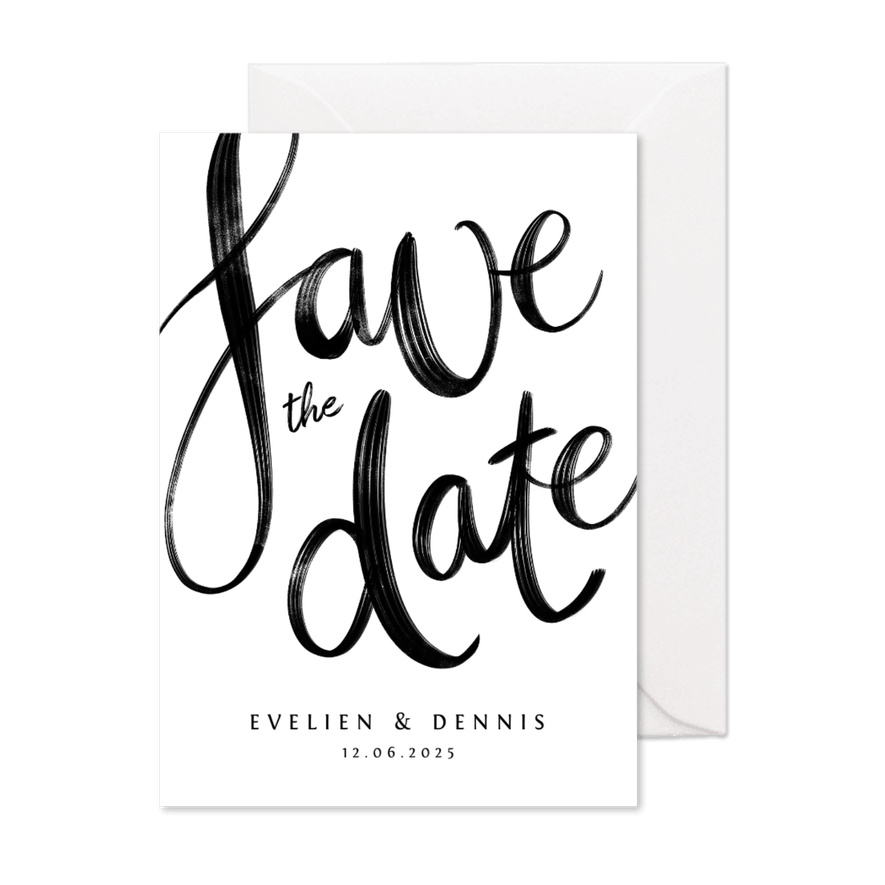 Save the date trouwkaart kalligrafie zwart wit - Kaartimpressie