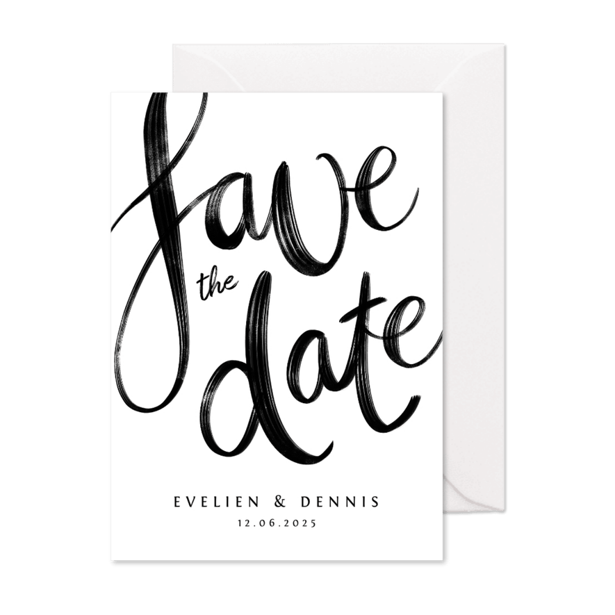 Save the date trouwkaart kalligrafie zwart wit  - Kaartimpressie