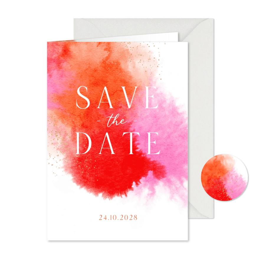 Save the date trouwkaart kleurrijk roze waterverf goud - Kaartimpressie