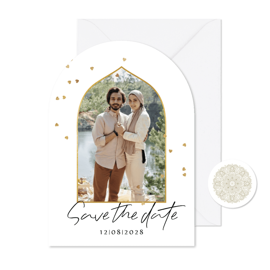 Save the date trouwkaart mandala foto hartjesconfetti - Kaartimpressie