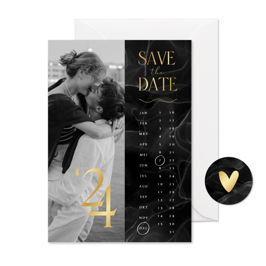 Save the date trouwkaart marmer zwart kalender goud foto - Kaartimpressie