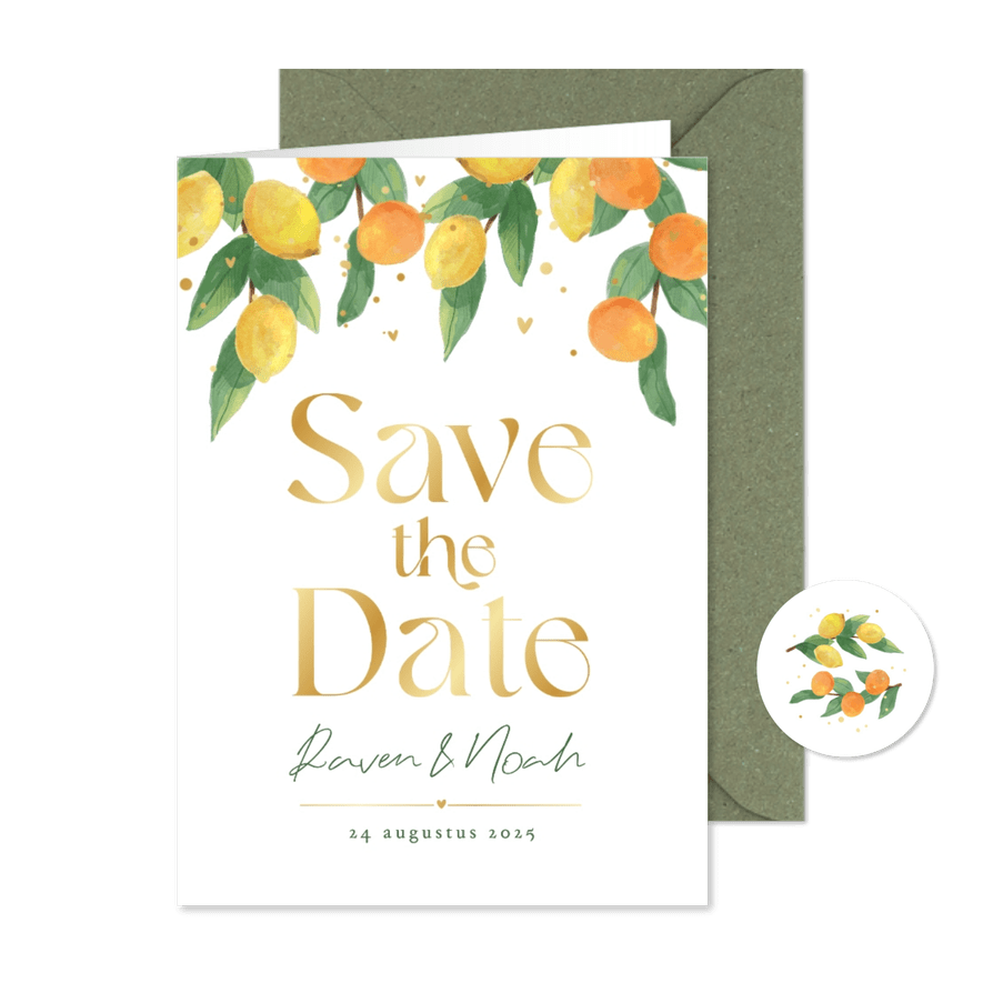 Save the date trouwkaart Mediterraans citrus goud hartjes - Kaartimpressie