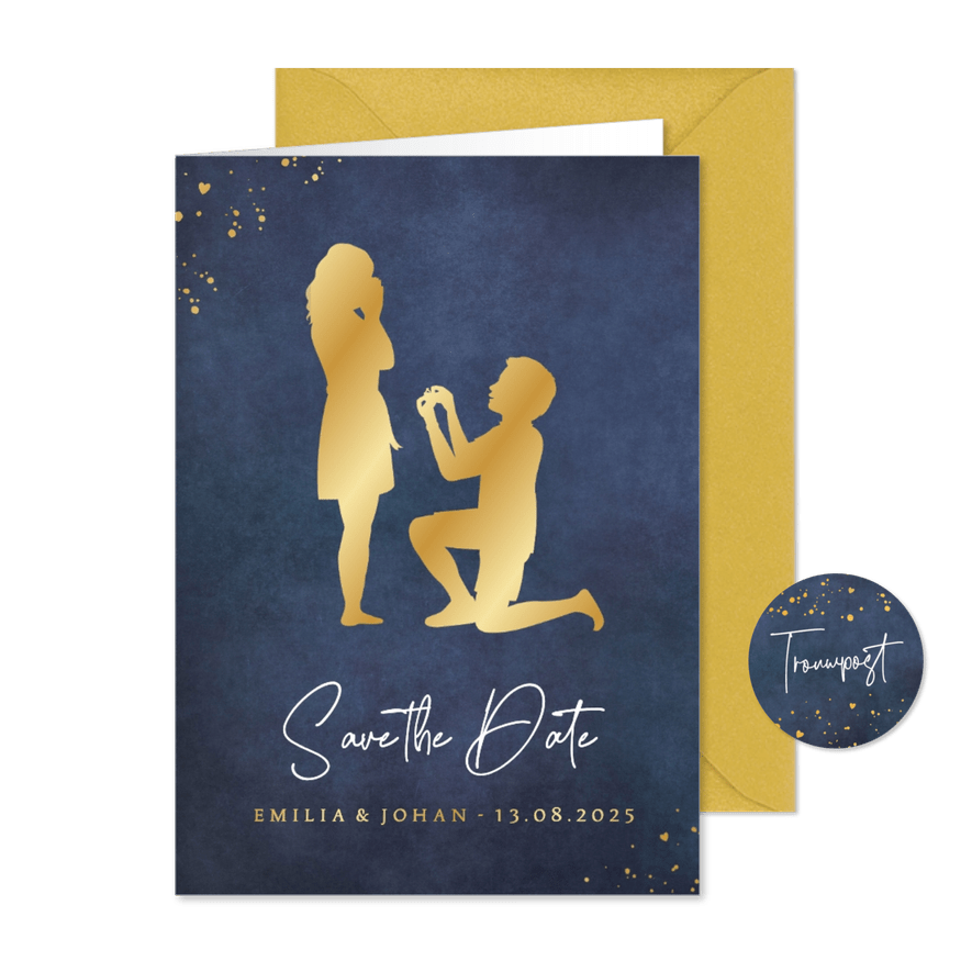 Save the Date trouwkaart met gouden silhouet van aanzoek - Kaartimpressie