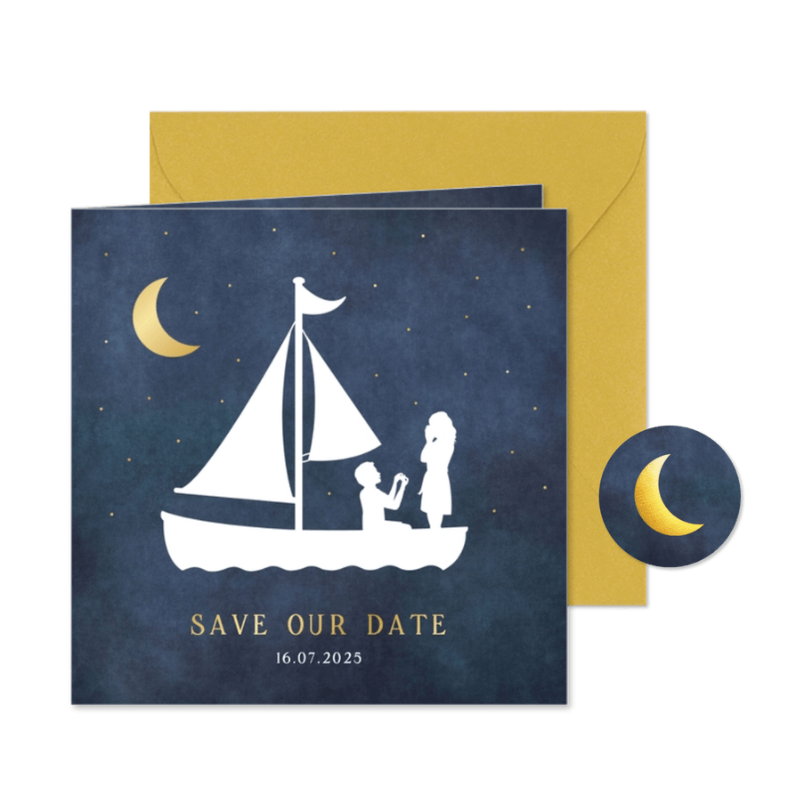 Save the Date trouwkaart - silhouet van aanzoek in zeilboot - Kaartimpressie