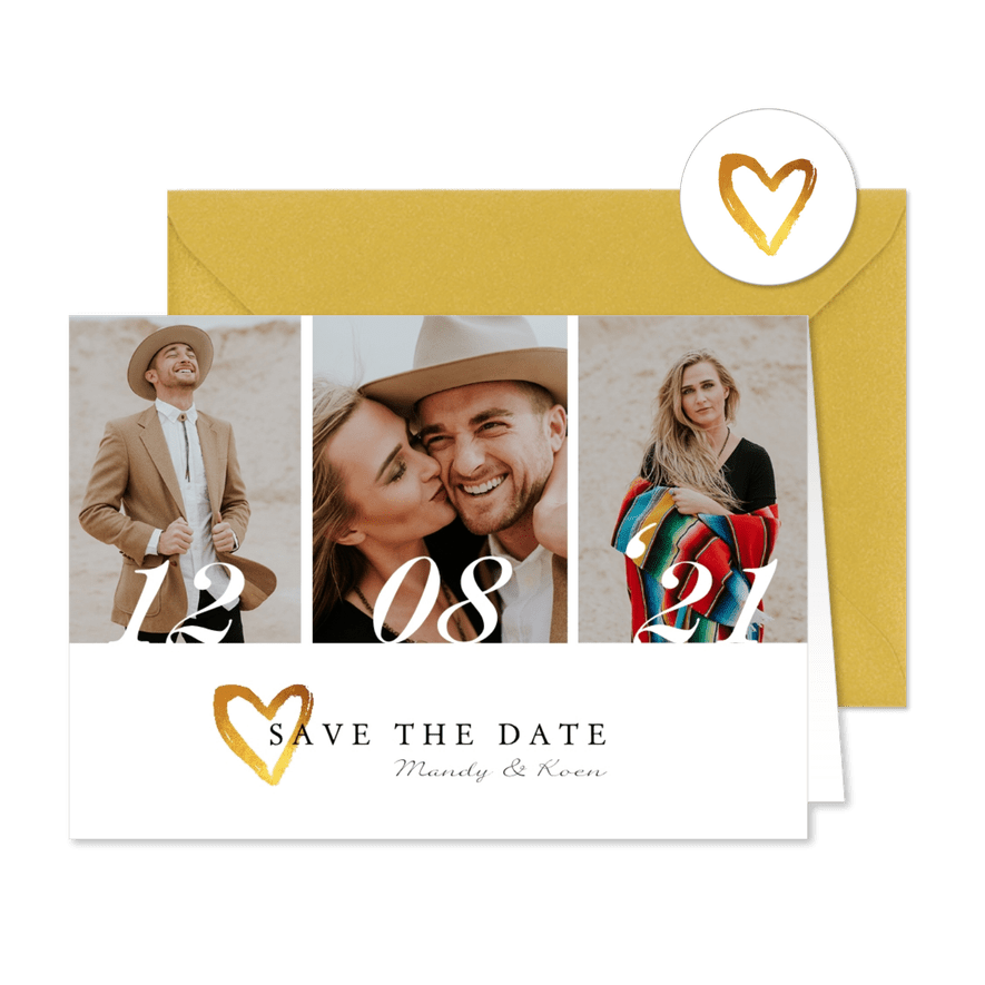 Save the date trouwkaart stijlvol goud met eigen foto's - Kaartimpressie