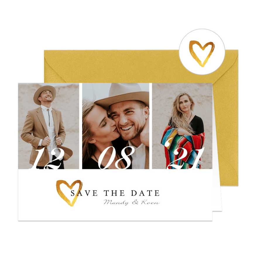 Save the date trouwkaart stijlvol goud met eigen foto's - Kaartimpressie