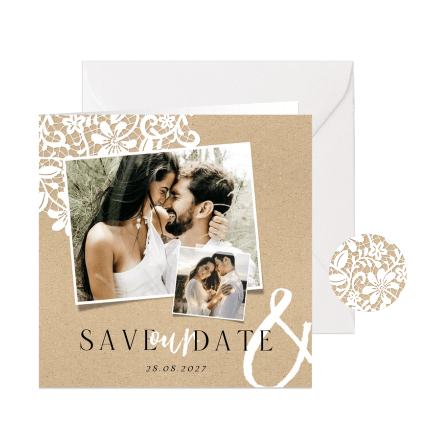 Save the date trouwkaart stijlvol vintage kraft kant foto's - Kaartimpressie