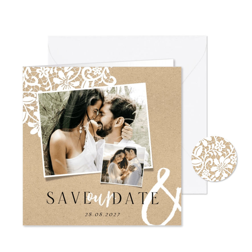 Save the date trouwkaart stijlvol vintage kraft kant foto's - Kaartimpressie