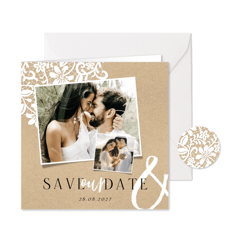 Save the date trouwkaart stijlvol vintage kraft kant foto's - Kaartimpressie