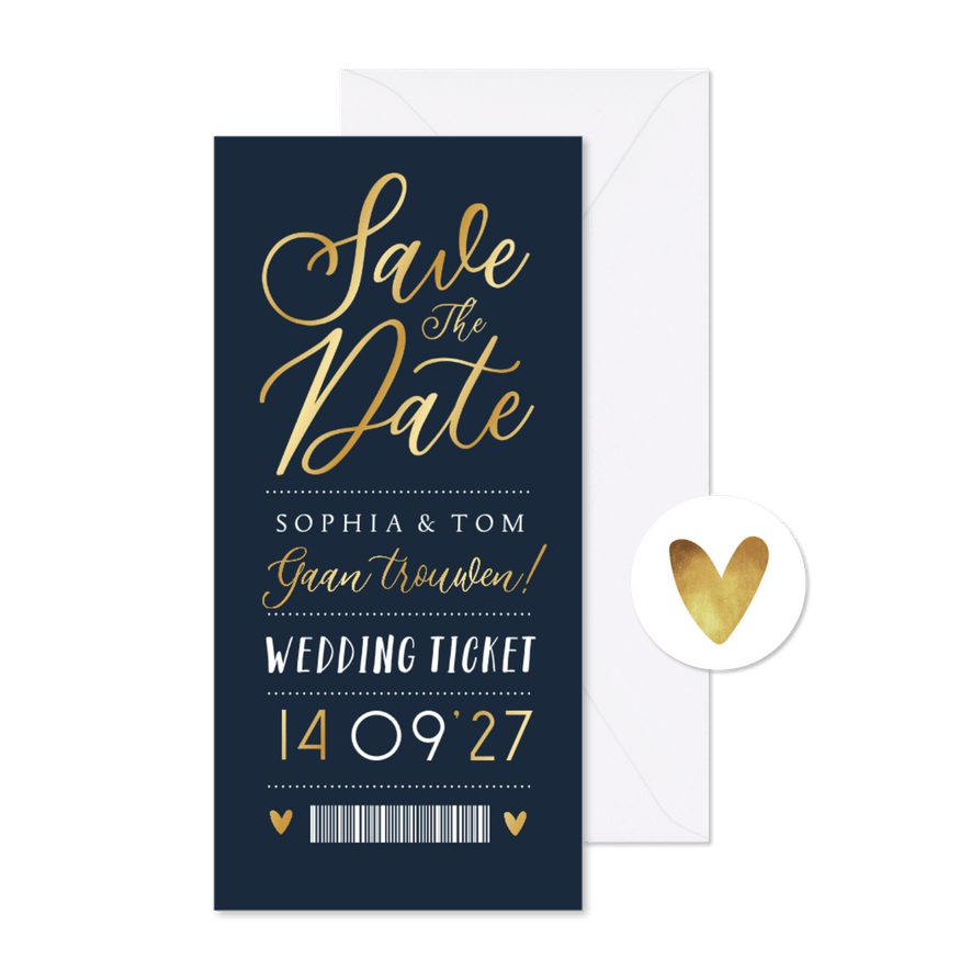Save the date trouwkaart ticket goud grafisch blauw - Kaartimpressie