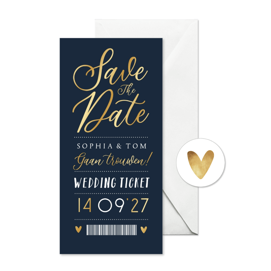 Save the date trouwkaart ticket goud grafisch blauw - Kaartimpressie