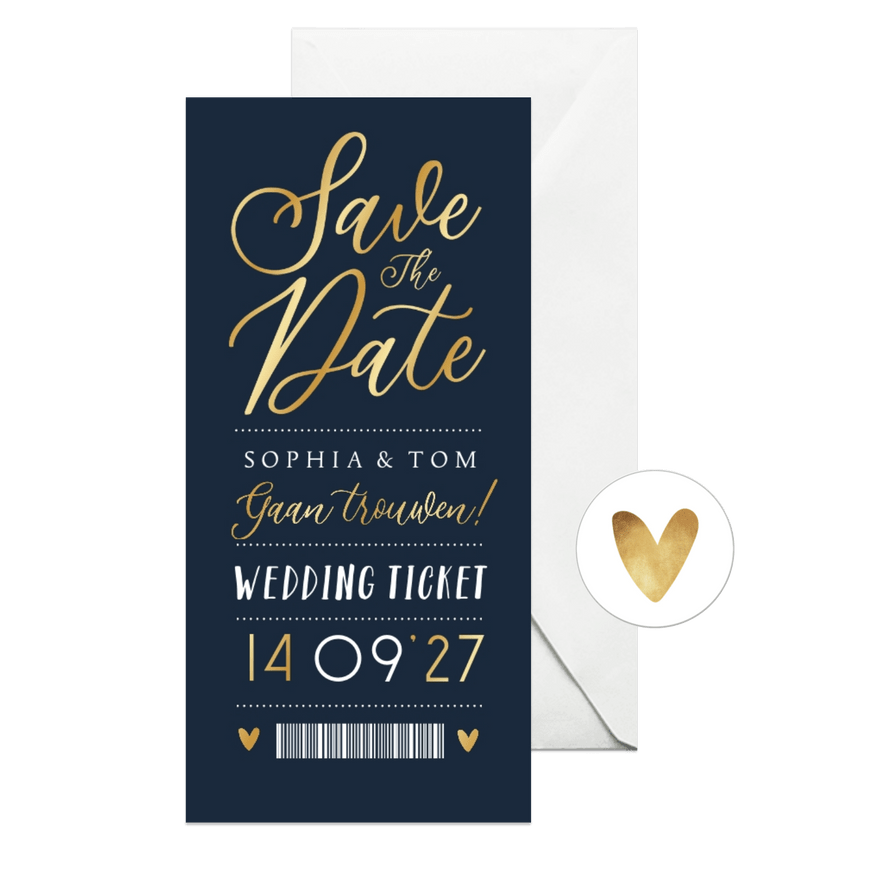 Save the date trouwkaart ticket goud grafisch blauw - Kaartimpressie