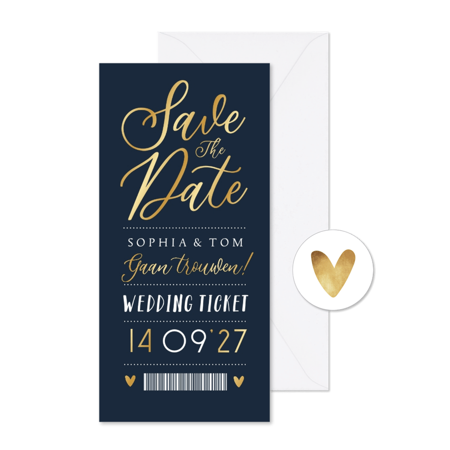 Save the date trouwkaart ticket goud grafisch blauw - Kaartimpressie