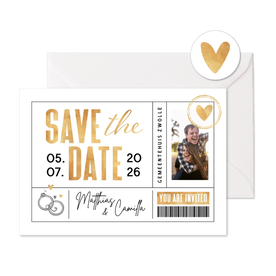 Save the date trouwkaart ticket hartje ringen foto goud - Kaartimpressie