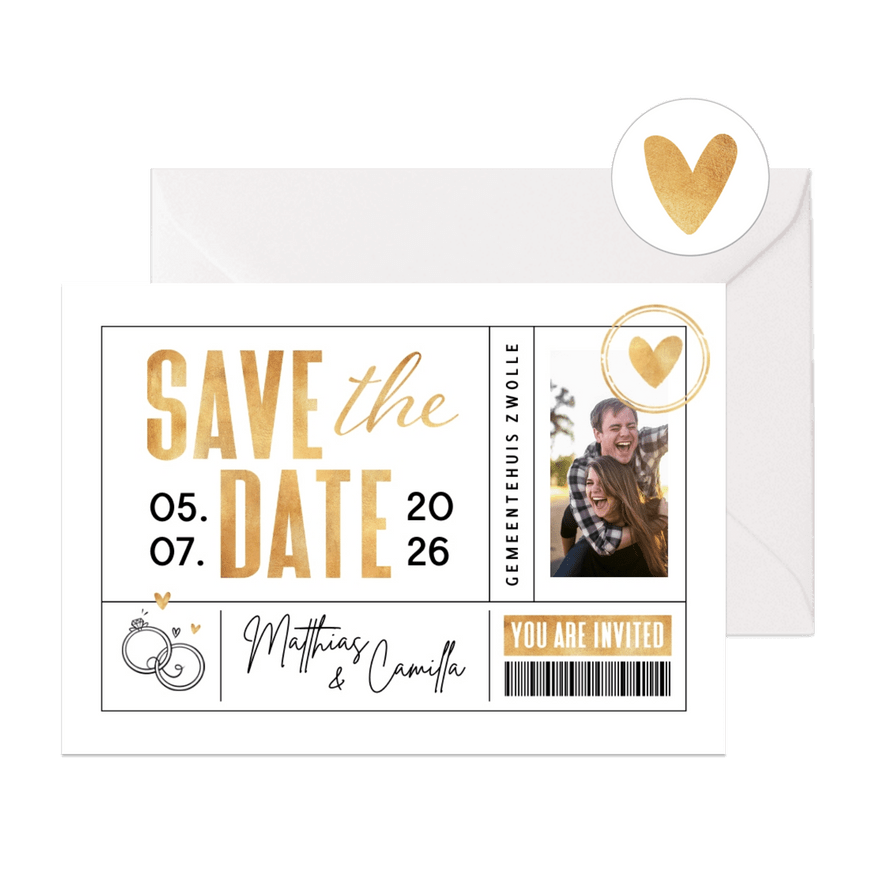 Save the date trouwkaart ticket hartje ringen foto goud - Kaartimpressie