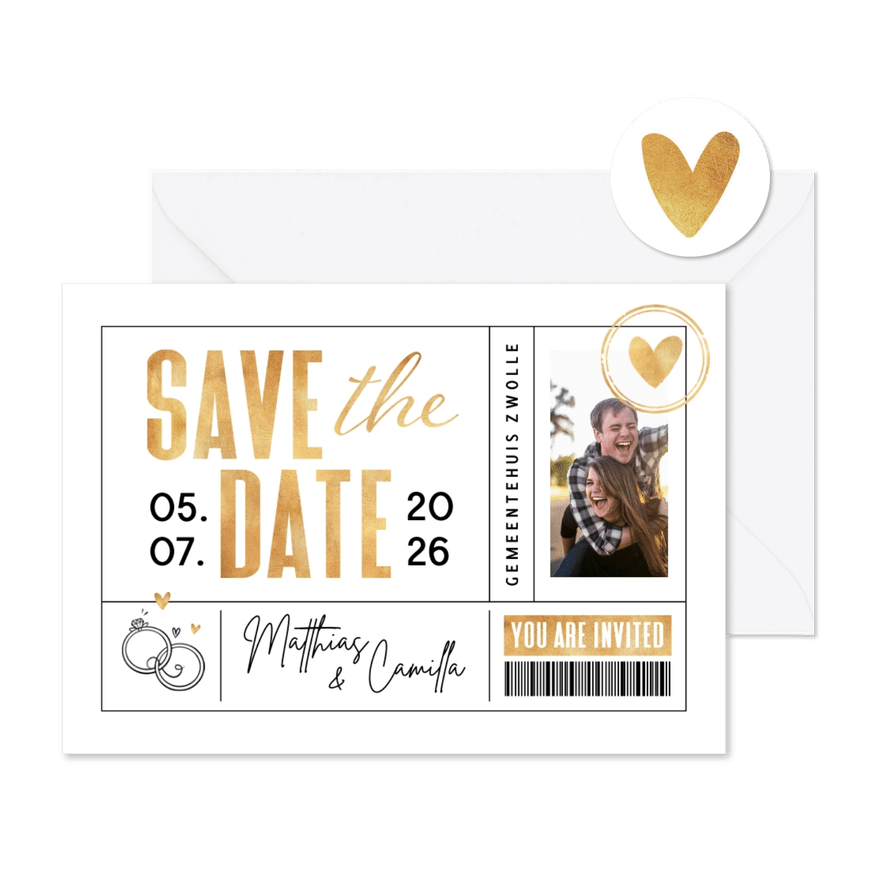 Save the date trouwkaart ticket hartje ringen foto goud - Kaartimpressie