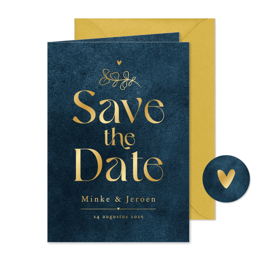 Save the date trouwkaart velvet blauw goud sierlijk - Kaartimpressie