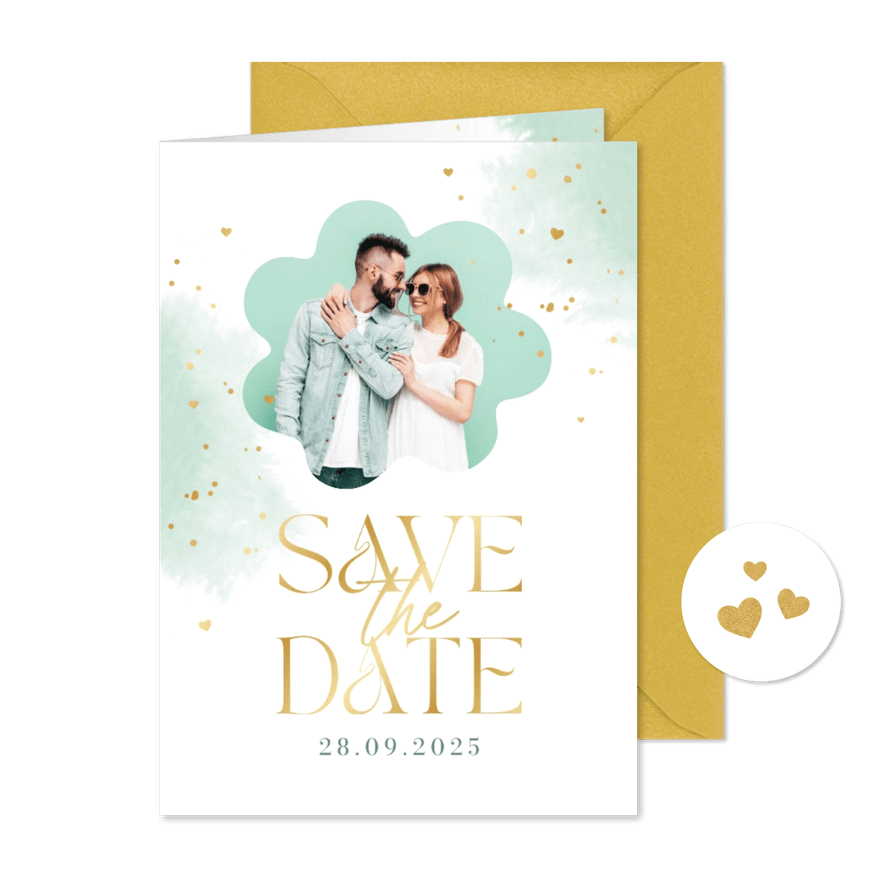 Save the date trouwkaart waterverf mint goud spetters foto - Kaartimpressie