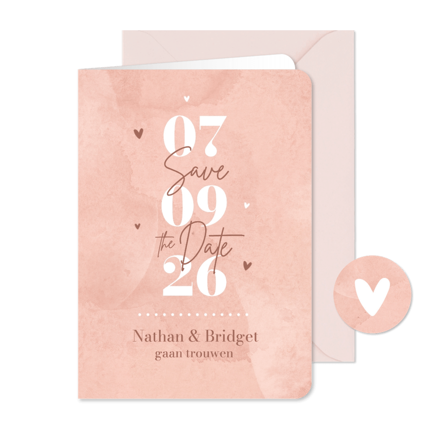 Save the Date trouwkaart waterverf roze hartjes hip stijlvol - Kaartimpressie