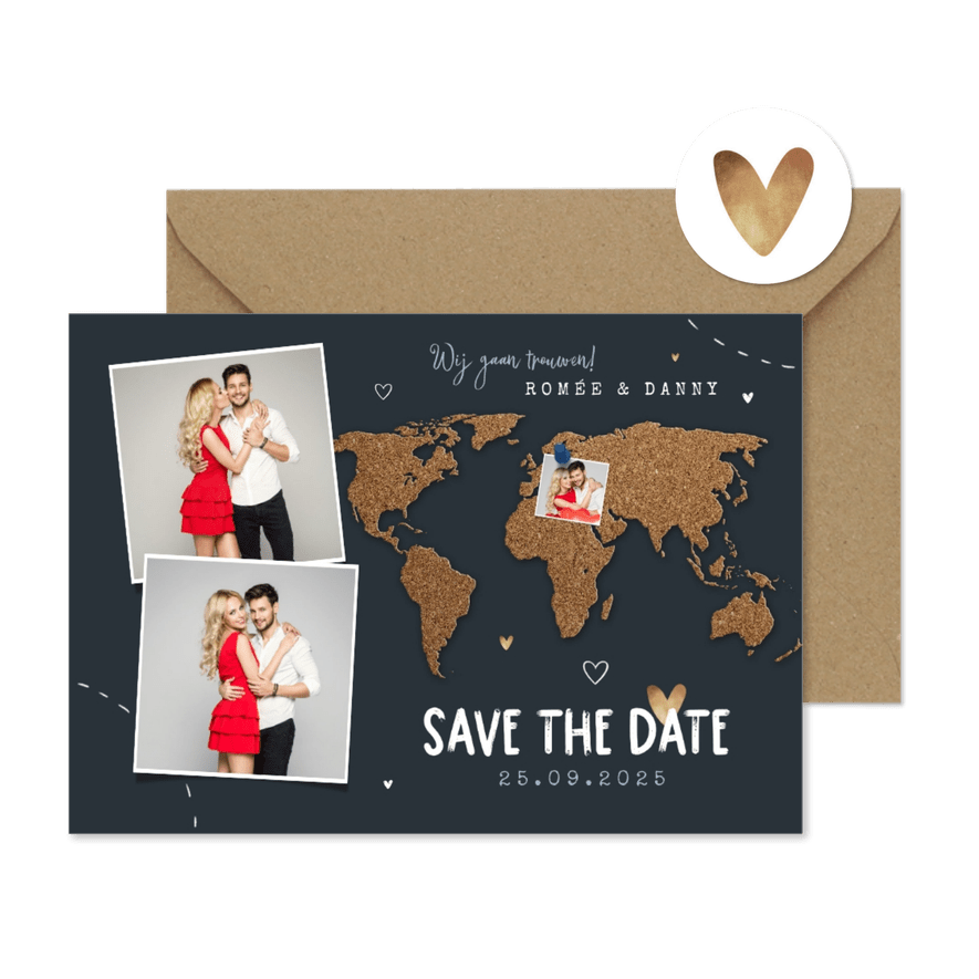 Save the date trouwkaart wereld kurk punaise foto's - Kaartimpressie