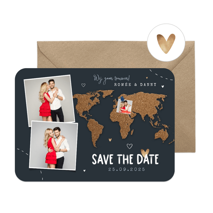 Save the date trouwkaart wereld kurk punaise foto's - Kaartimpressie