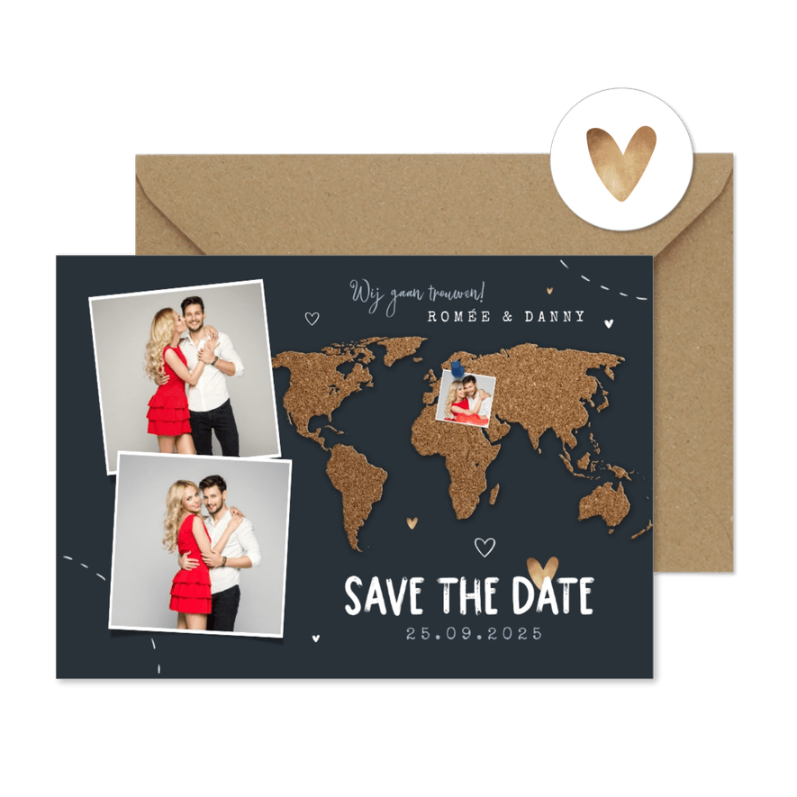 Save the date trouwkaart wereld kurk punaise foto's - Kaartimpressie