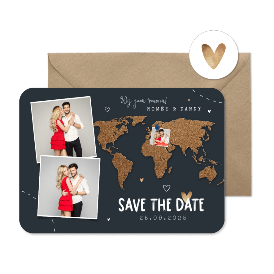 Save the date trouwkaart wereld kurk punaise foto's - Kaartimpressie