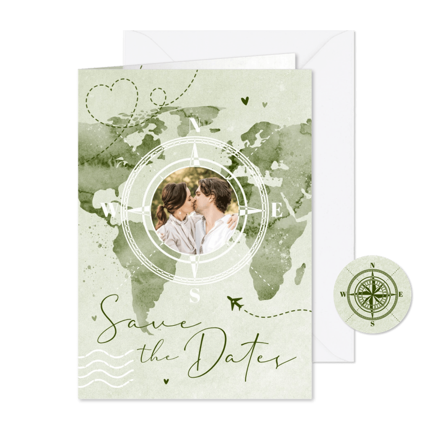 Save the date trouwkaart wereldkaart reizen kompas - Kaartimpressie