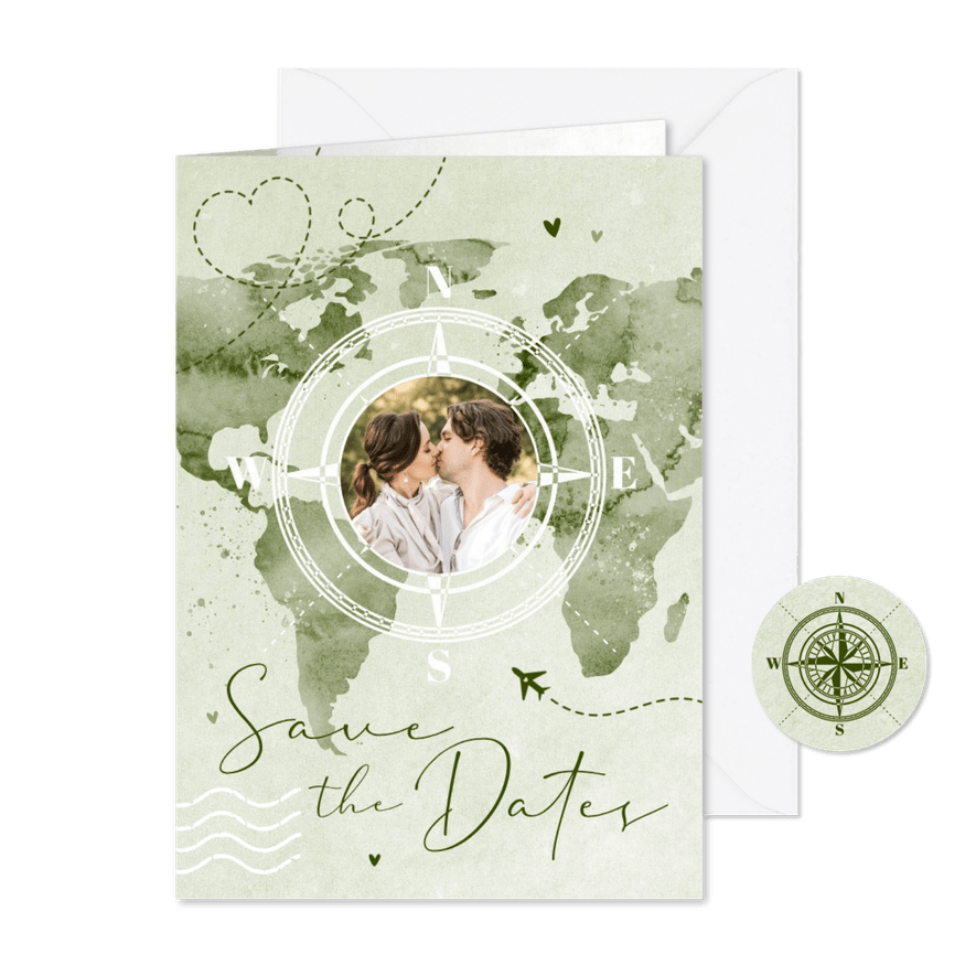 Save the date trouwkaart wereldkaart reizen kompas - Kaartimpressie