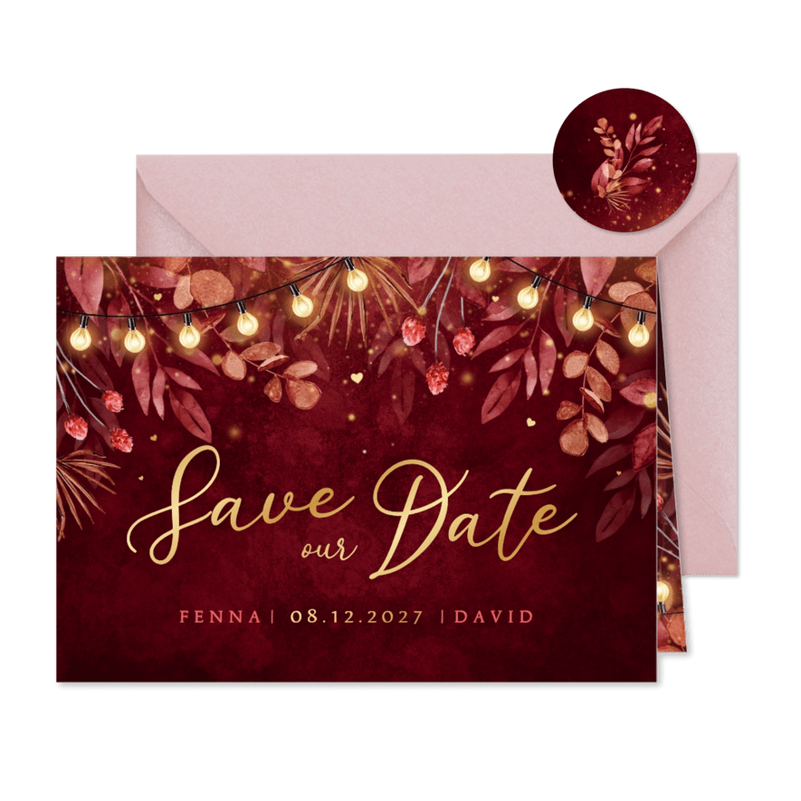 Save the date trouwkaart winter romantisch rood goud hartjes - Kaartimpressie