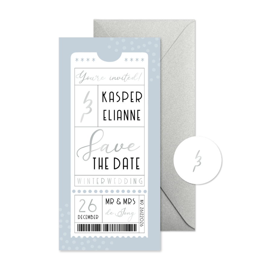 Save the Date trouwkaart winter wedding ticket blauw - Kaartimpressie