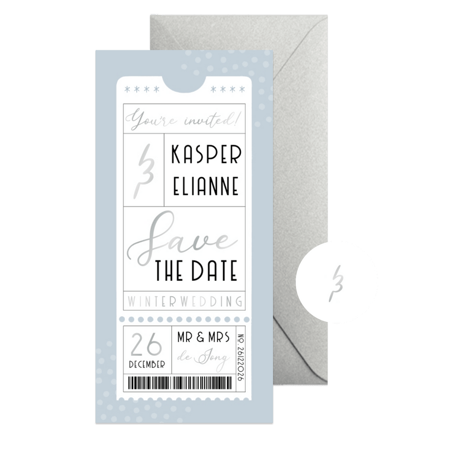 Save the Date trouwkaart winter wedding ticket blauw - Kaartimpressie