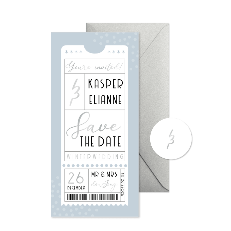Save the Date trouwkaart winter wedding ticket blauw - Kaartimpressie