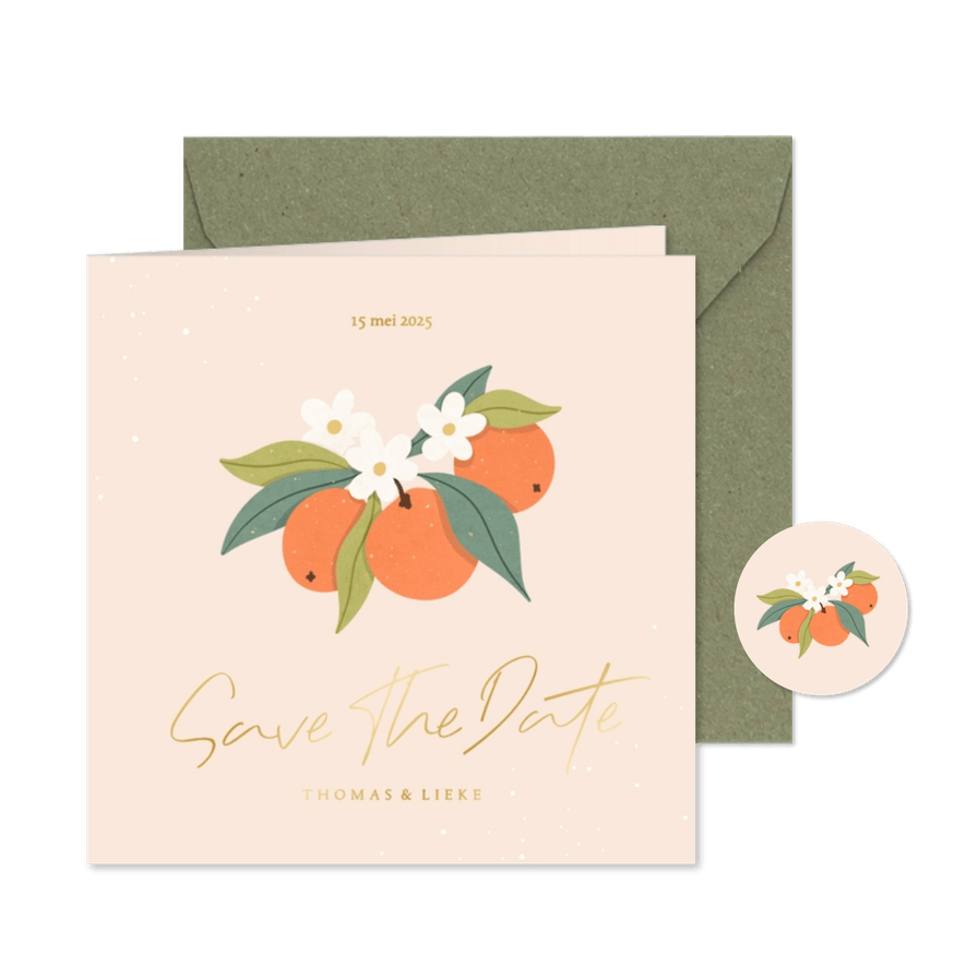 Save the date trouwkaarten oranje sinaasappels goudfolie - Kaartimpressie