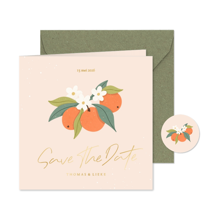 Save the date trouwkaarten oranje sinaasappels goudfolie - Kaartimpressie