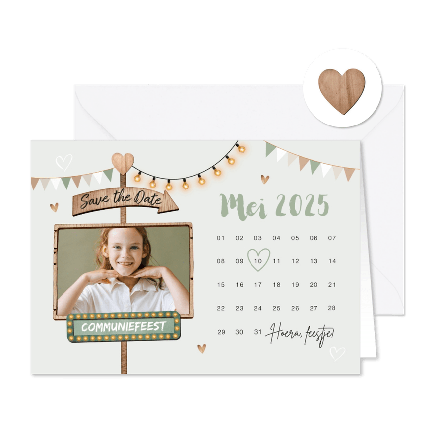 Save the date uitnodiging communie wegwijzers slingers foto - Kaartimpressie