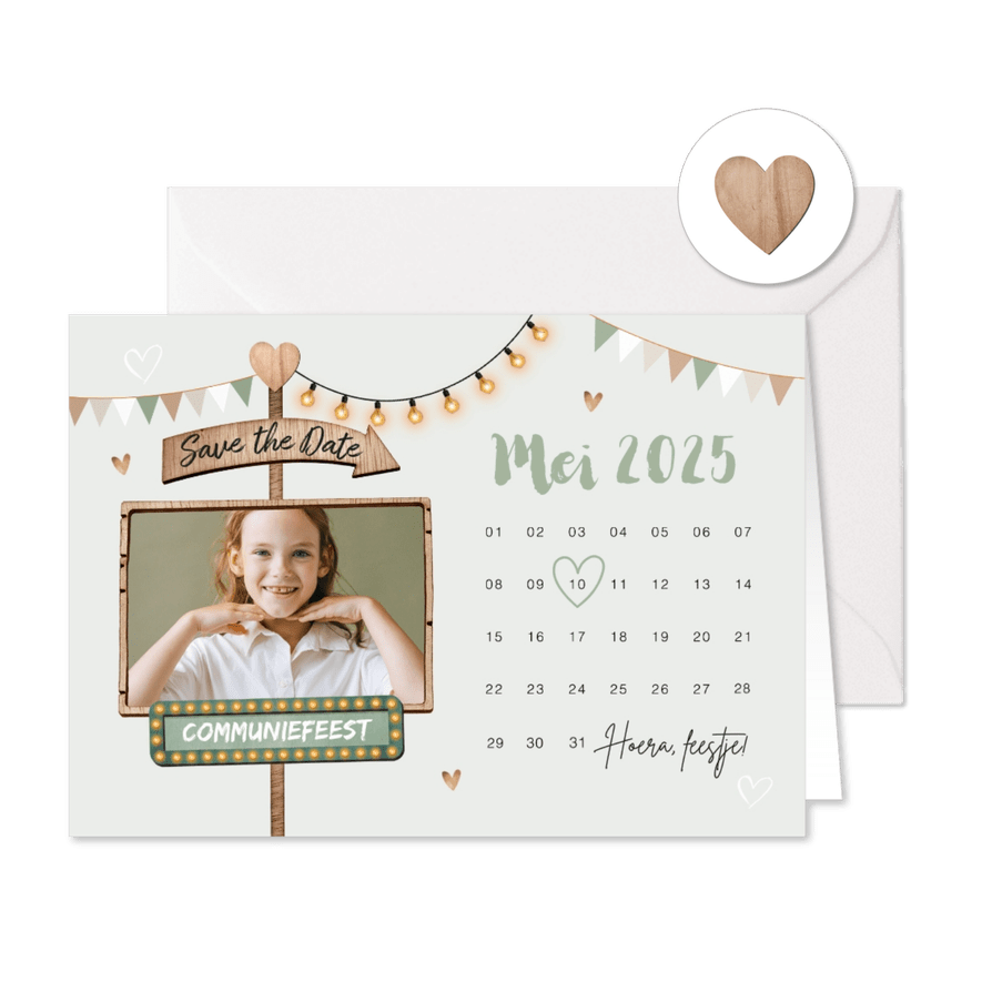 Save the date uitnodiging communie wegwijzers slingers foto - Kaartimpressie