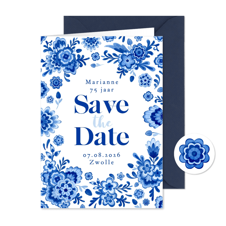 Save the date uitnodiging delfts blauw bloemen feestje - Kaartimpressie