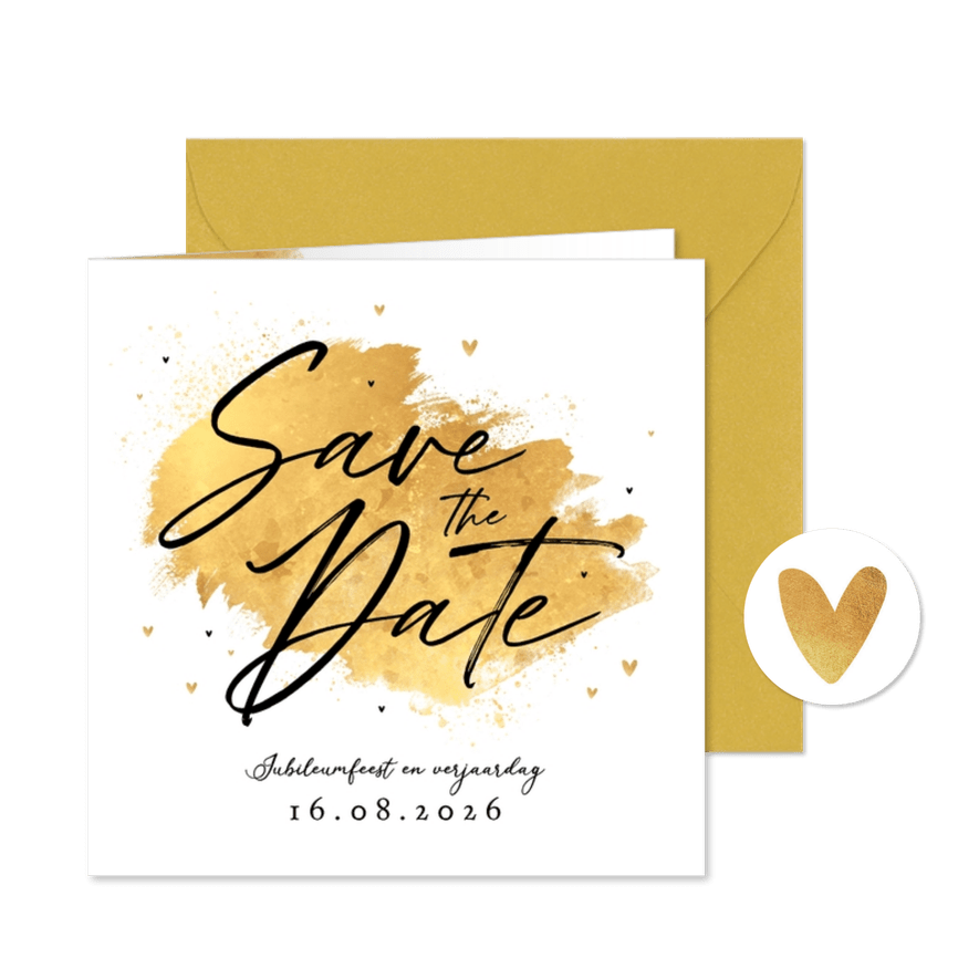 Save the date uitnodiging dubbel feest goud stijlvol verf - Kaartimpressie