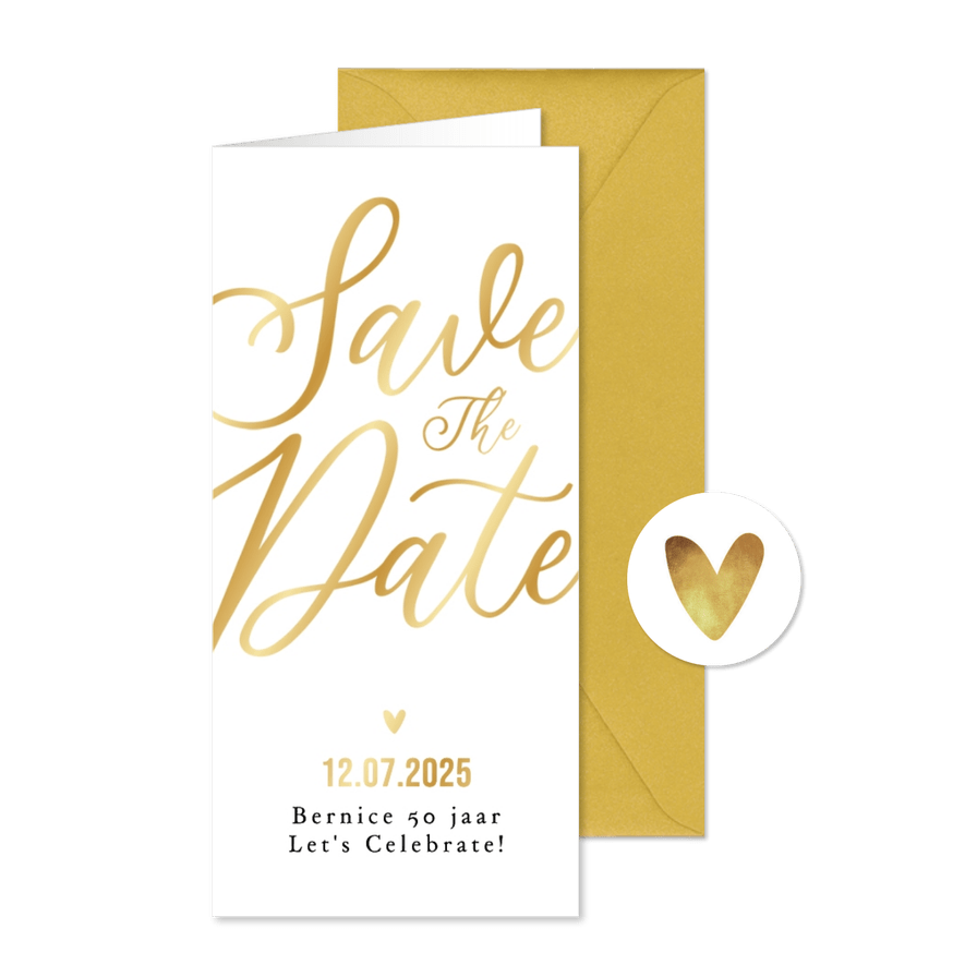 Save the date uitnodiging feestje verjaardag goud stijlvol - Kaartimpressie