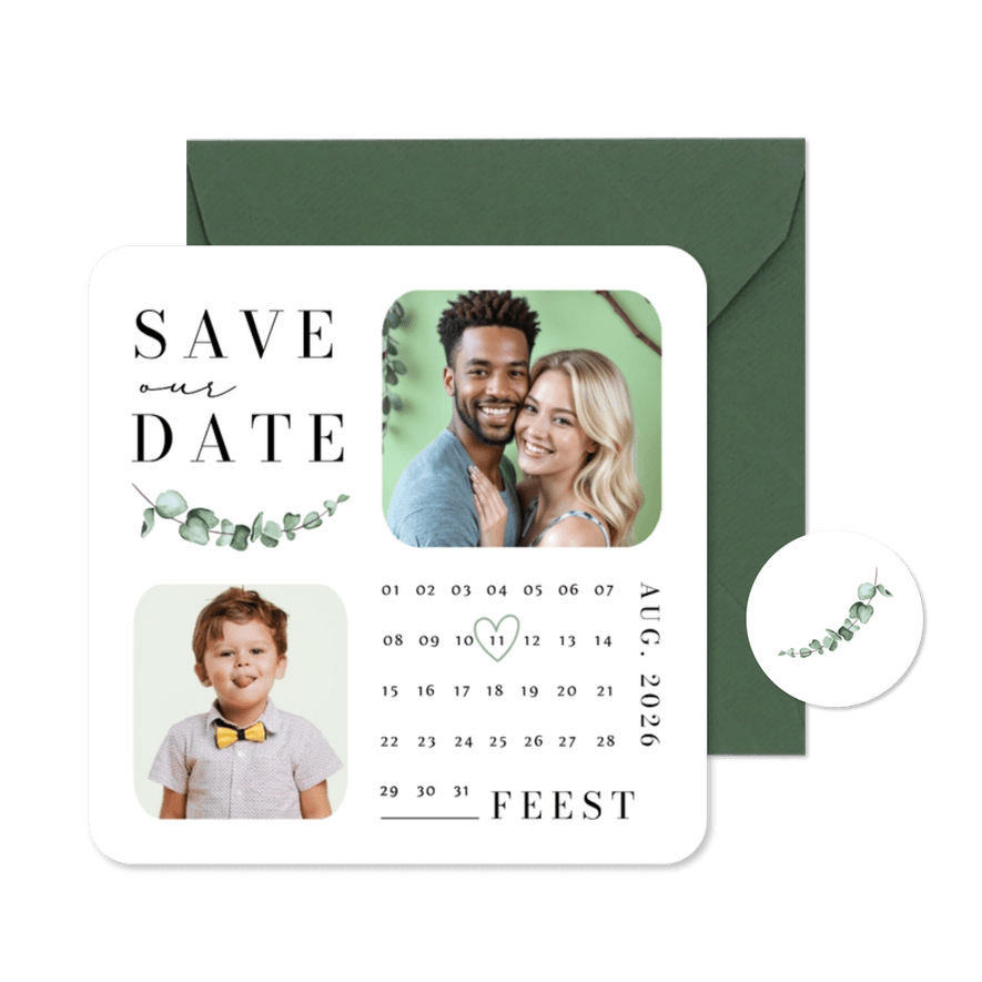 Save the date uitnodiging kalender foto's dubbel feest - Kaartimpressie