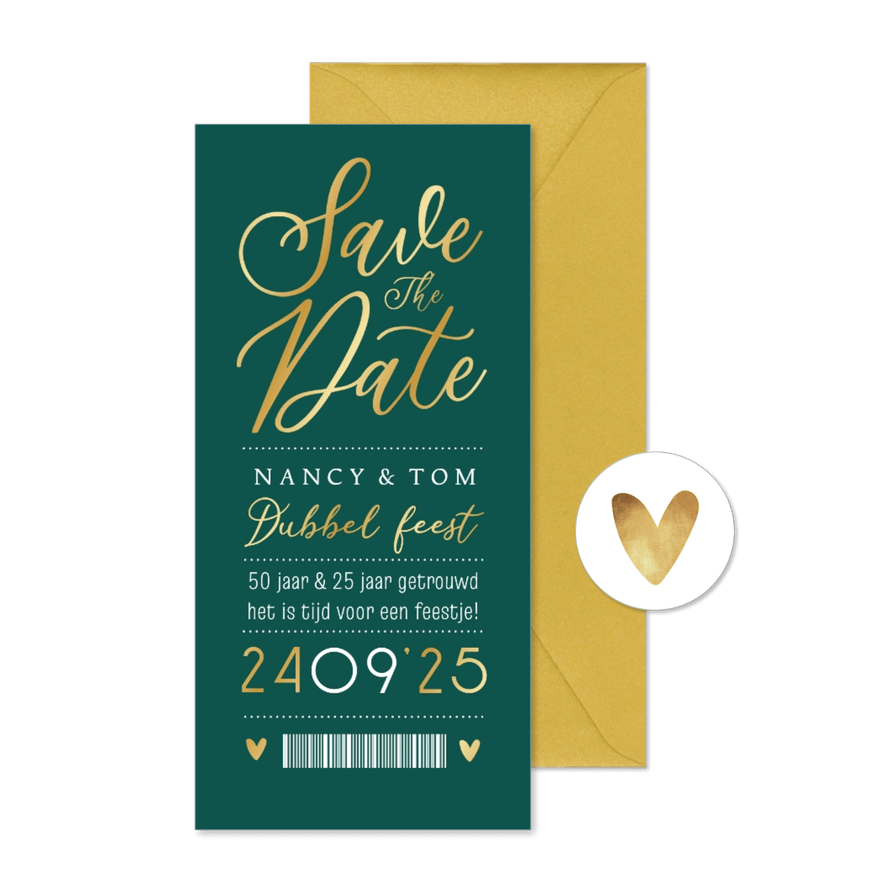 Save the date uitnodiging ticket dubbel feest goud - Kaartimpressie