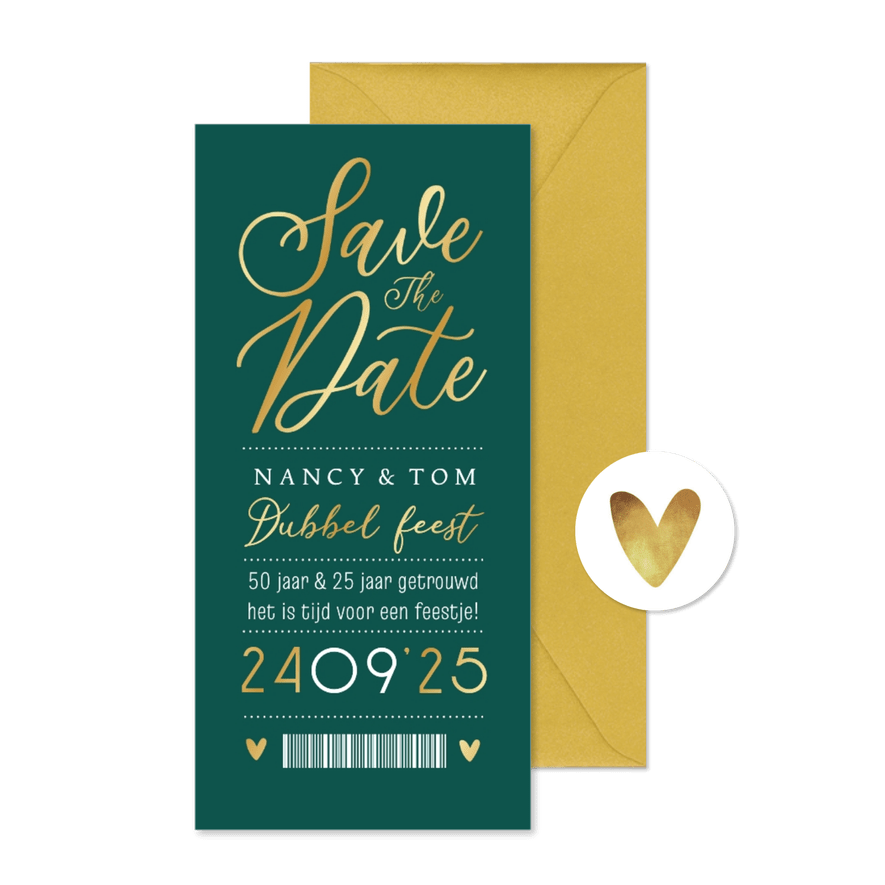 Save the date uitnodiging ticket dubbel feest goud - Kaartimpressie