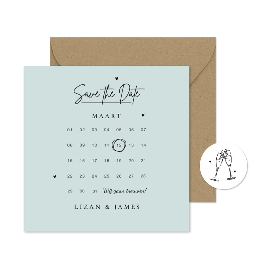 Save the date uitnodiging trouwkaart stijlvol kalender - Kaartimpressie