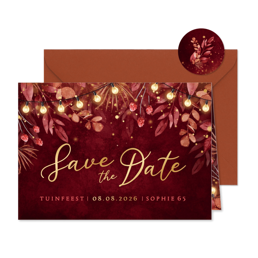 Save the date uitnodiging tuinfeest lampjes rood goud - Kaartimpressie