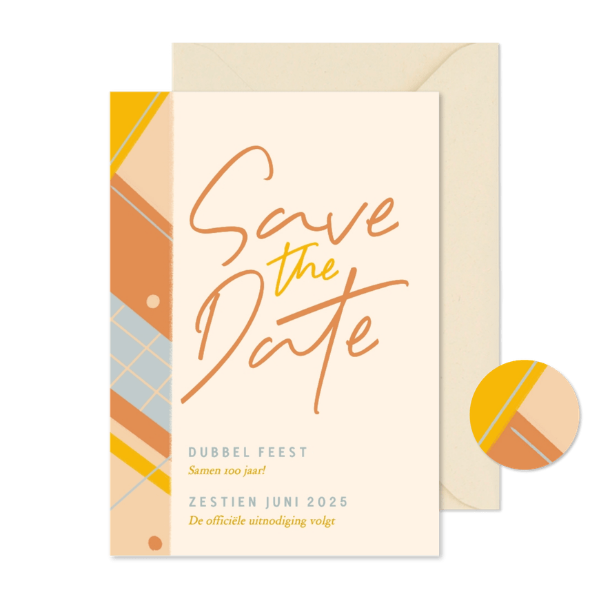 Save the date uitnodiging voor dubbel feest vrolijke kleuren - Kaartimpressie