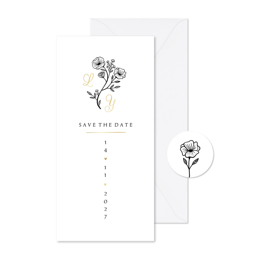 Save the date uitnodigingskaart huwelijk klassiek bloemen - Kaartimpressie