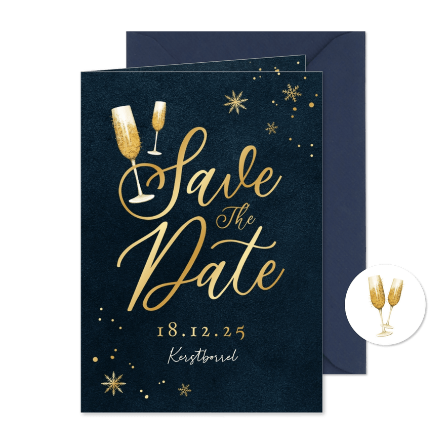Save the date uitnodigingskaart kerst borrel champagne - Kaartimpressie