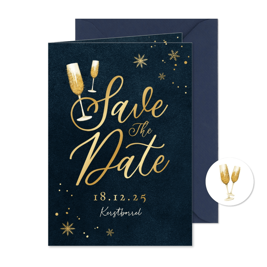 Save the date uitnodigingskaart kerst borrel champagne - Kaartimpressie